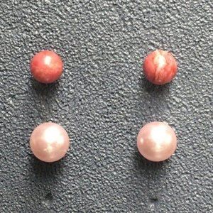 Pink Stud Earrings Lot Two Pairs Round Pale Pearl Dark Marbled Barbie Soft Girl